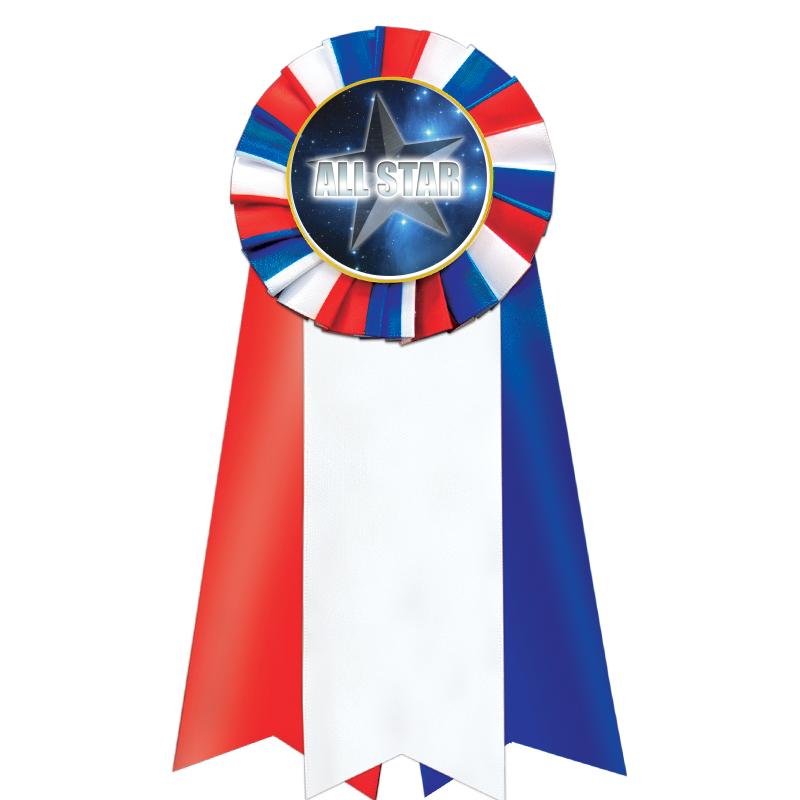 7"JUMBO RD/WH/BLUE MYL ROSETTE