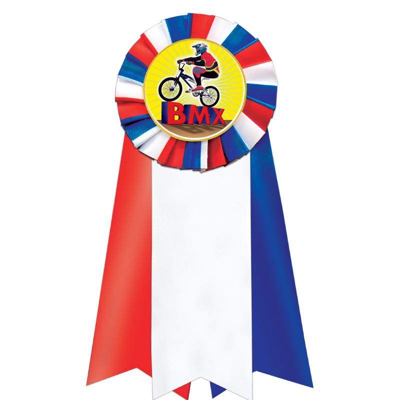 7"JUMBO RD/WH/BLUE MYL ROSETTE