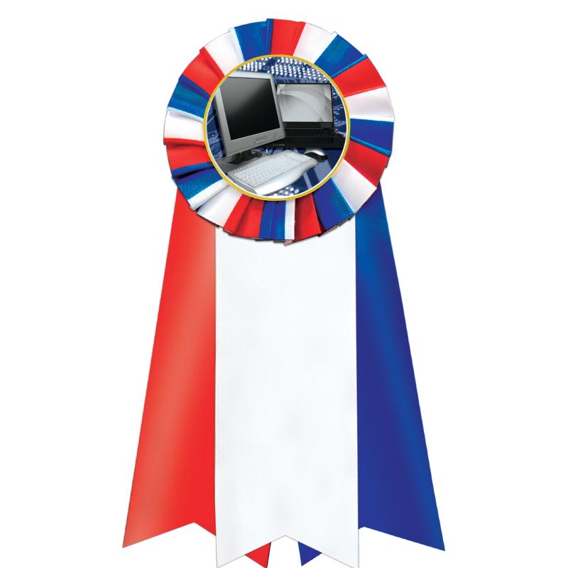 7"JUMBO RD/WH/BLUE MYL ROSETTE