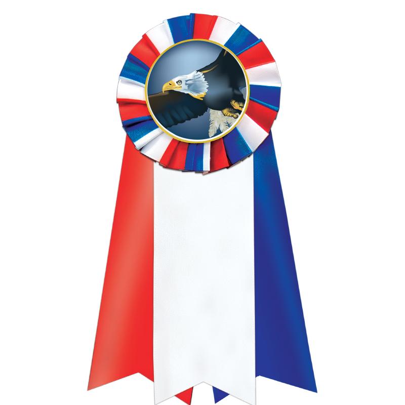 7"JUMBO RD/WH/BLUE MYL ROSETTE