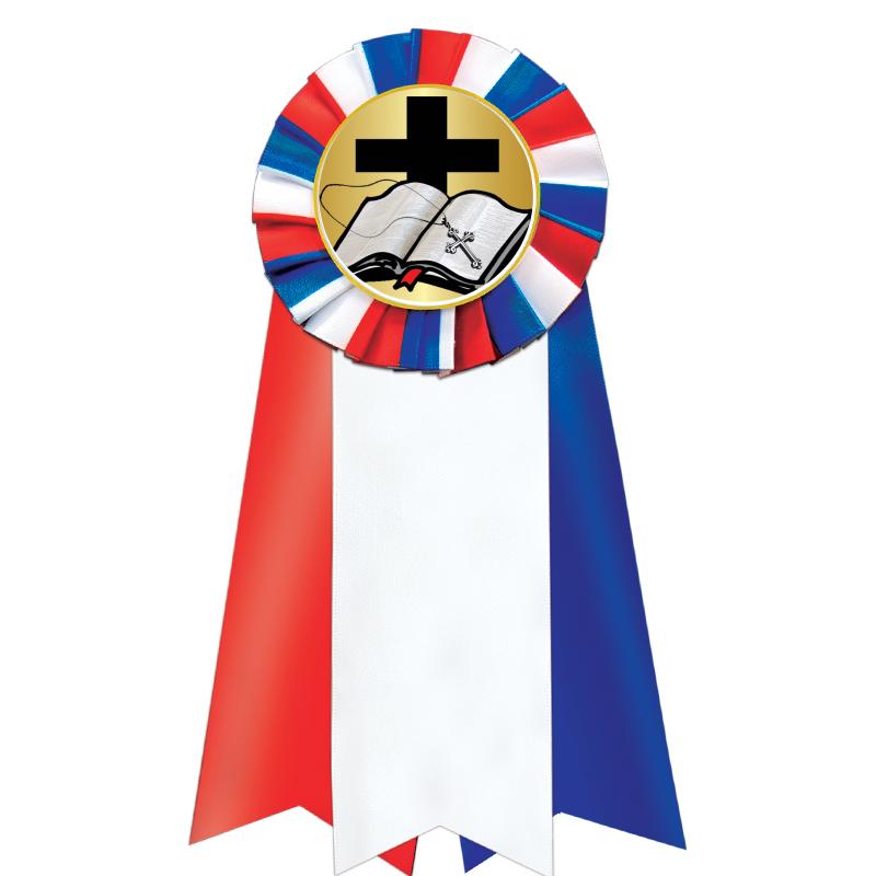 7"JUMBO RD/WH/BLUE MYL ROSETTE