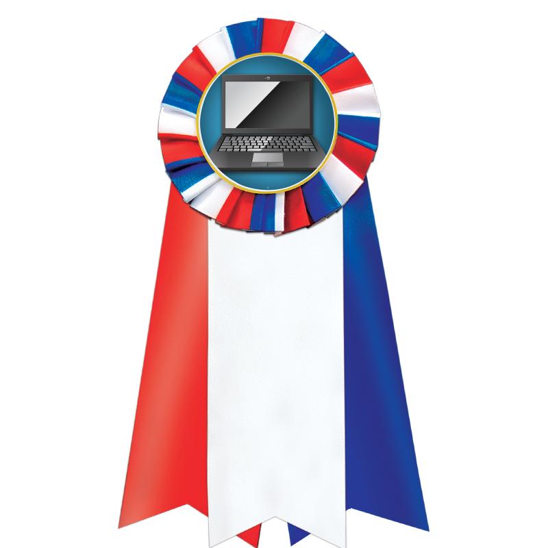 7"JUMBO RD/WH/BLUE MYL ROSETTE