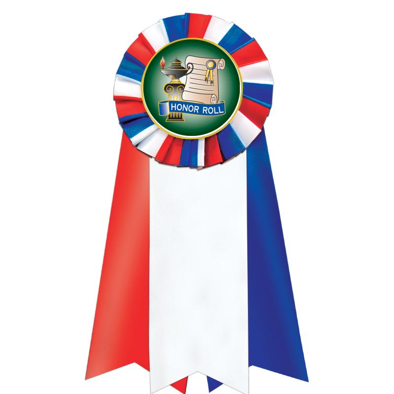 7"JUMBO RD/WH/BLUE MYL ROSETTE