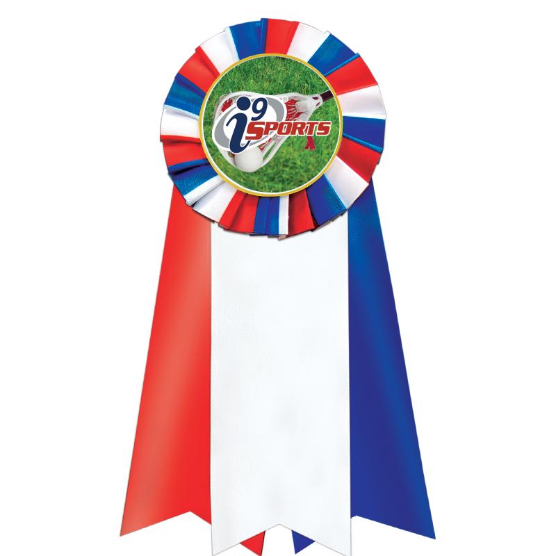 7"JUMBO RD/WH/BLUE MYL ROSETTE
