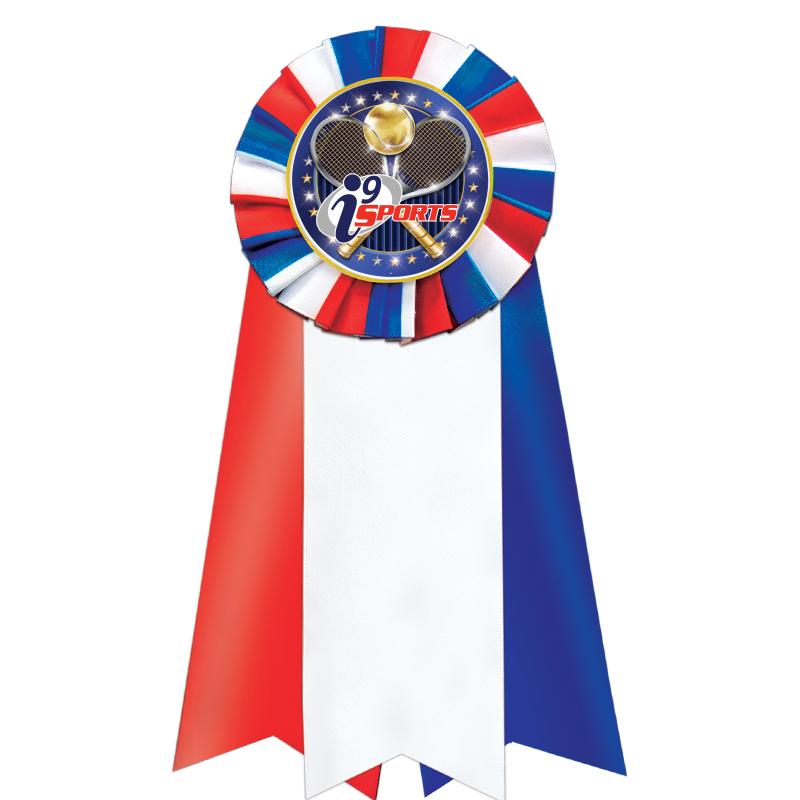7"JUMBO RD/WH/BLUE MYL ROSETTE