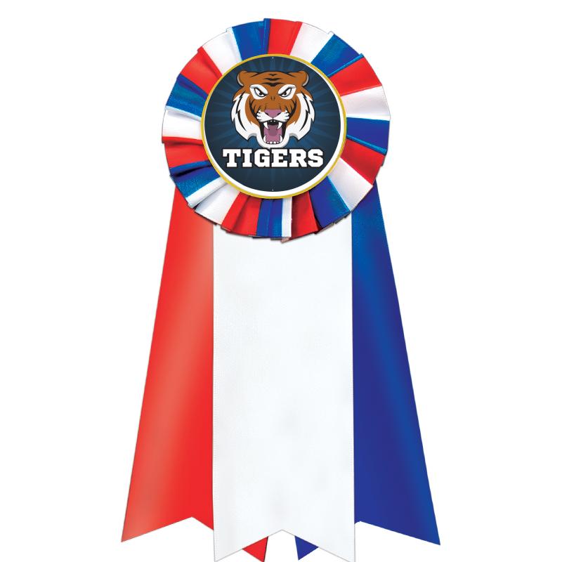 7"JUMBO RD/WH/BLUE MYL ROSETTE