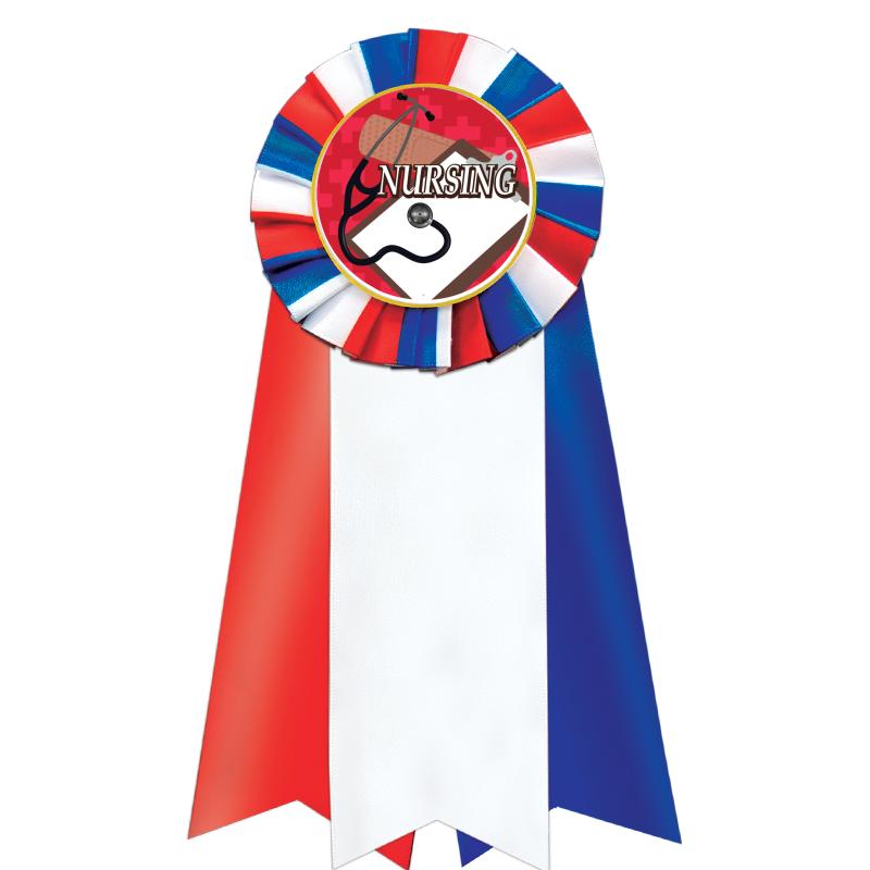 7"JUMBO RD/WH/BLUE MYL ROSETTE