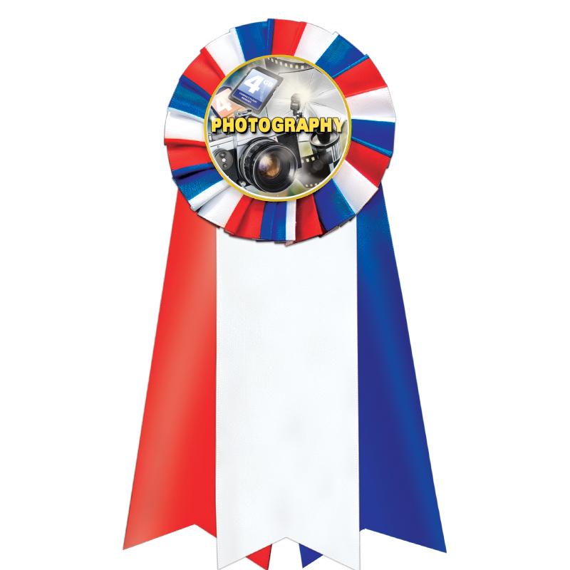 7"JUMBO RD/WH/BLUE MYL ROSETTE