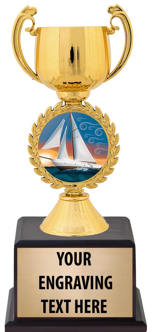 7.5" TROPHY ON BROWN WOOD BASE