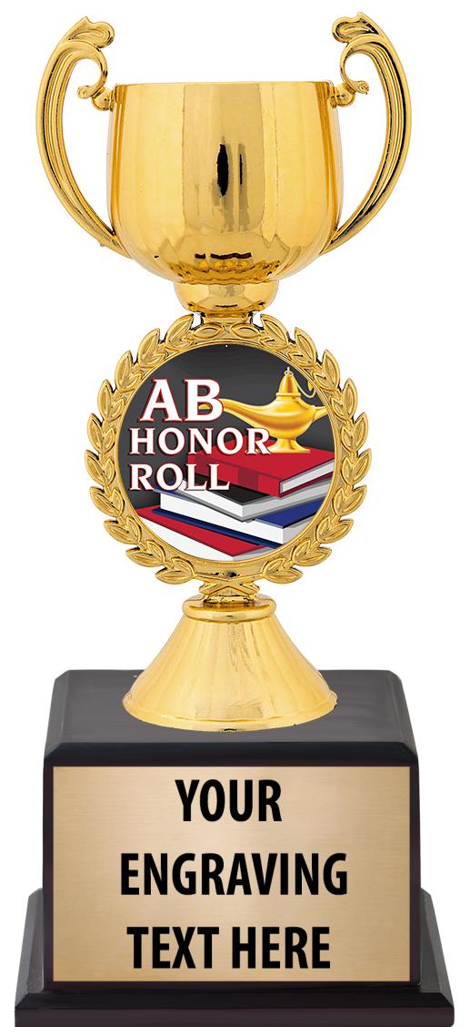 7.5" TROPHY ON BROWN WOOD BASE