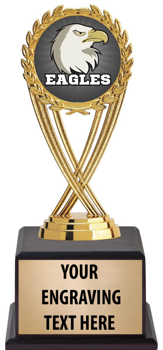 7.5" TROPHY ON BROWN WOOD BASE