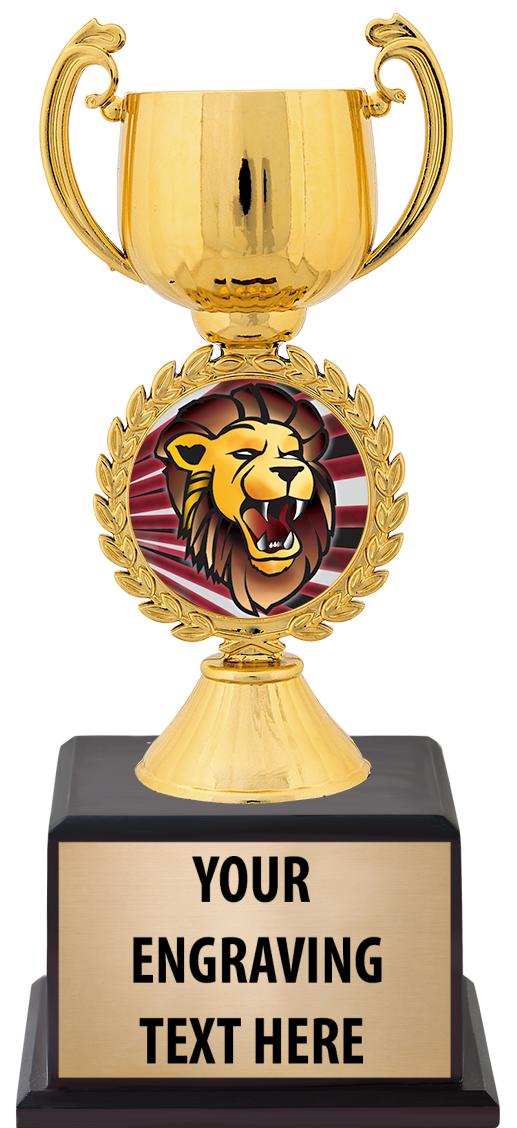 7.5" TROPHY ON BROWN WOOD BASE