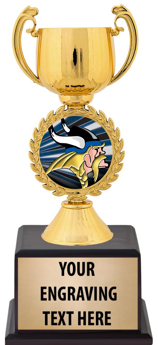 7.5" TROPHY ON BROWN WOOD BASE