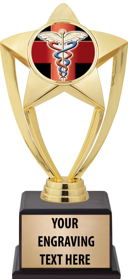 7.5" TROPHY ON BROWN WOOD BASE