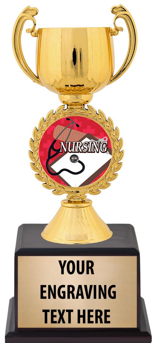 7.5" TROPHY ON BROWN WOOD BASE