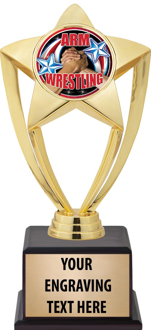 7.5" TROPHY ON BROWN WOOD BASE