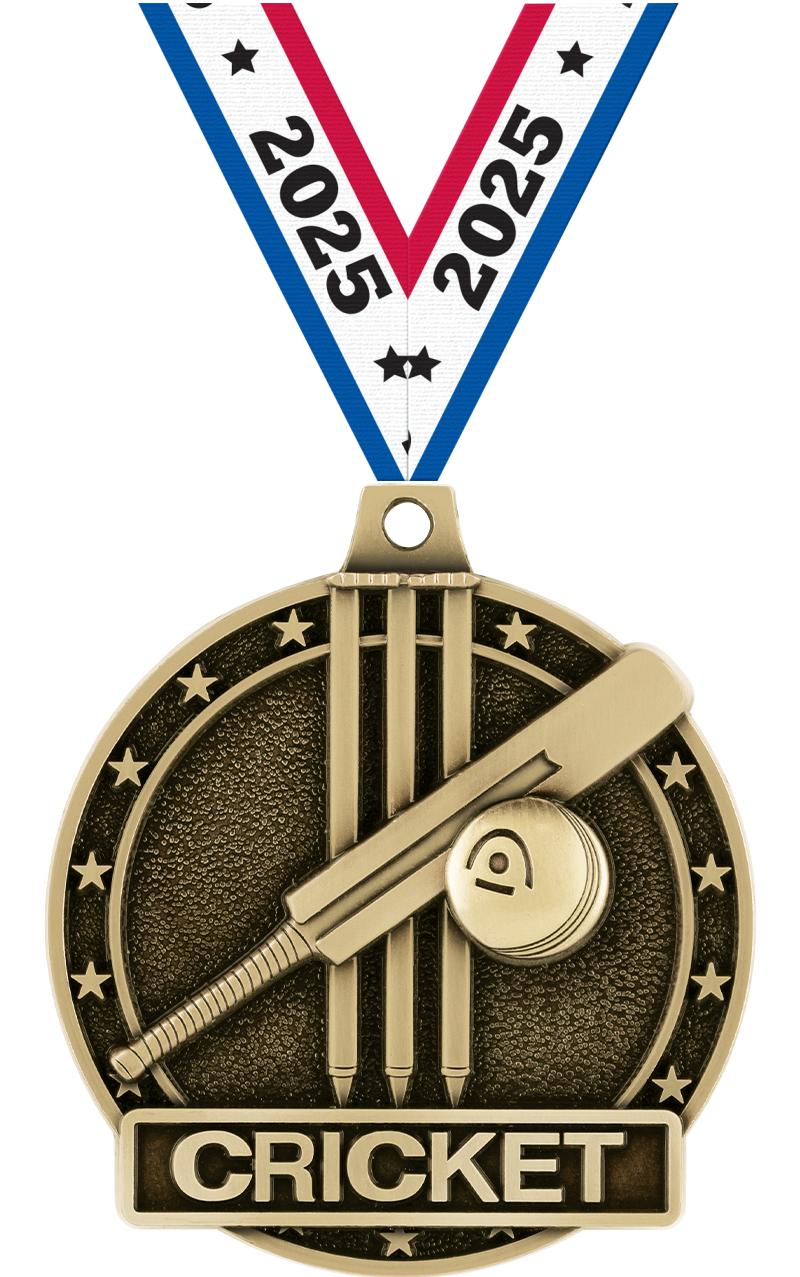 2" 3D CRICKET MEDAL-GOLD W/RIB