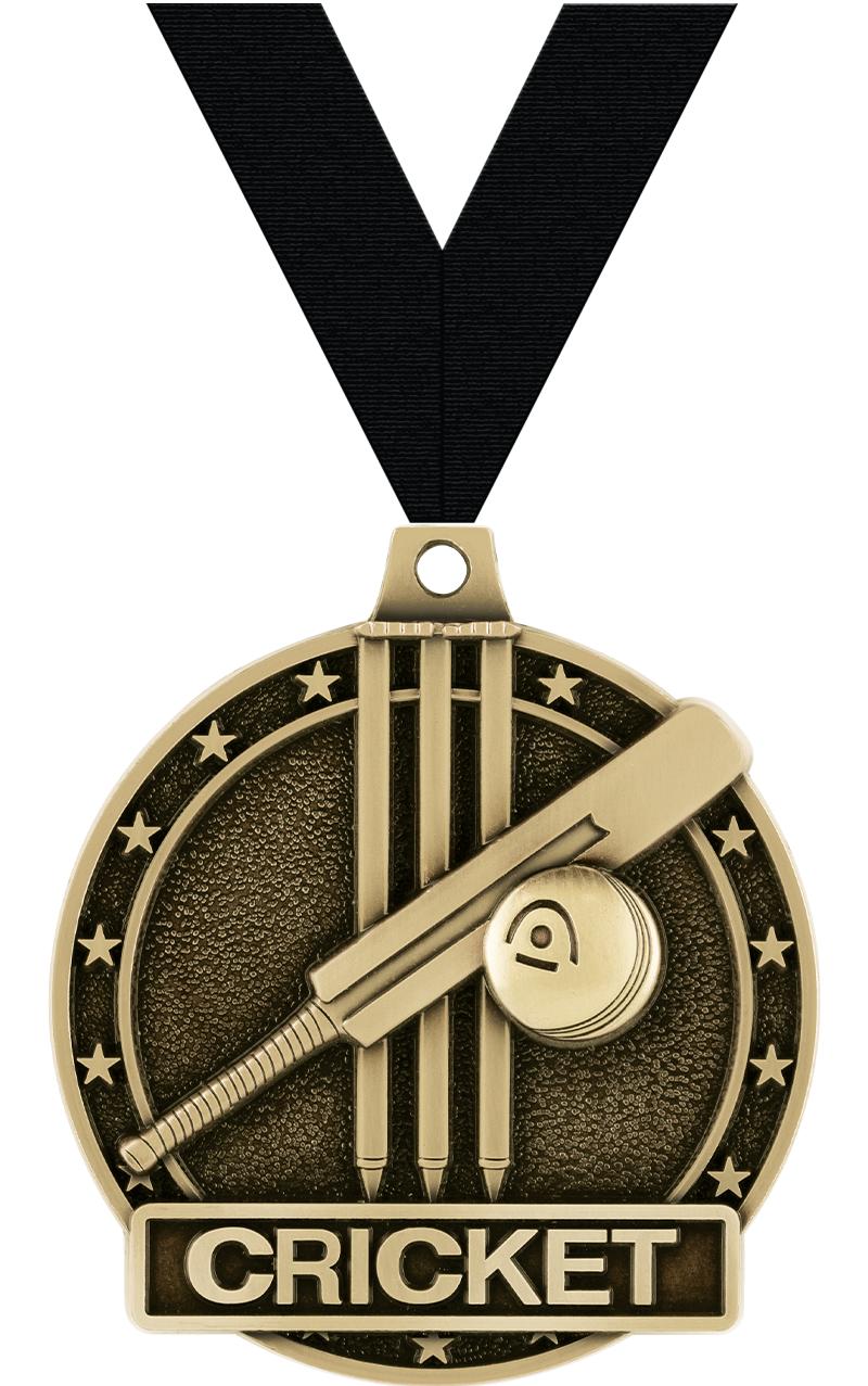 2" 3D CRICKET MEDAL-GOLD W/RIB