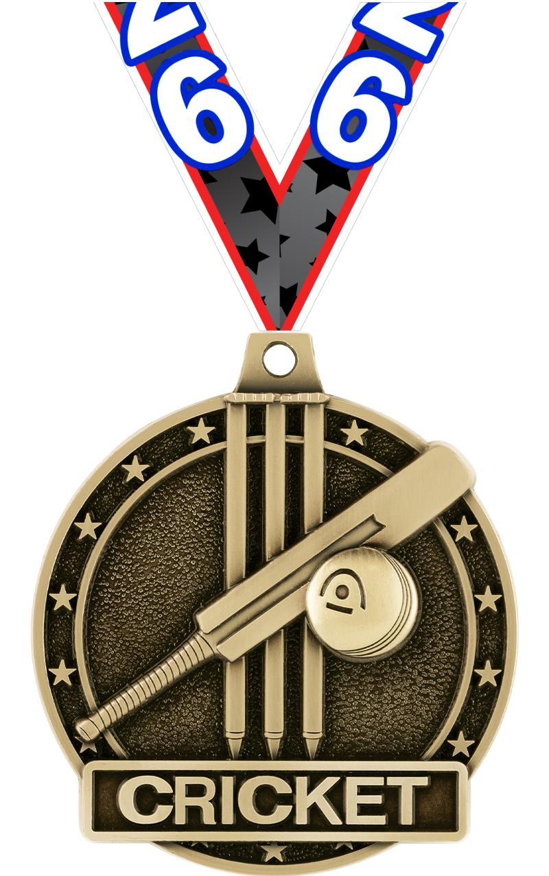2" 3D CRICKET MEDAL-GOLD W/RIB
