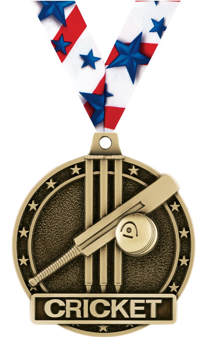 2" 3D CRICKET MEDAL-GOLD W/RIB