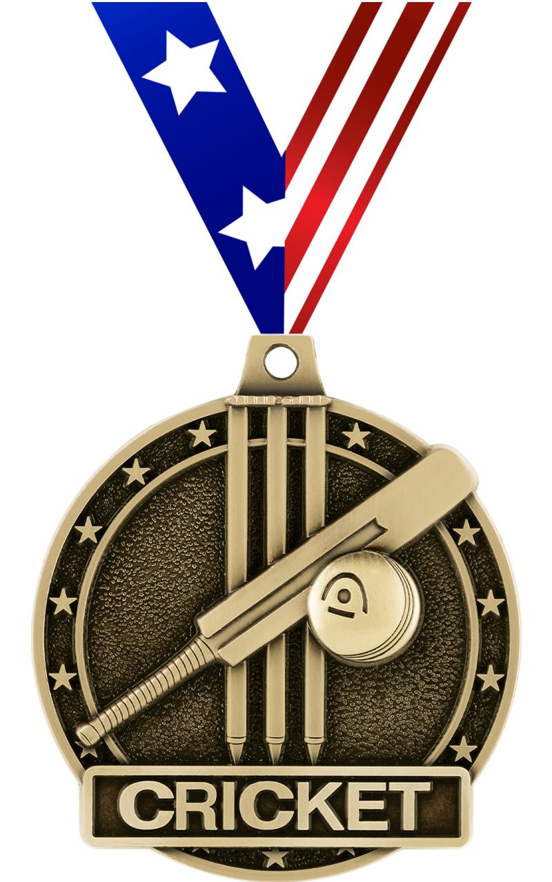 2" 3D CRICKET MEDAL-GOLD W/RIB