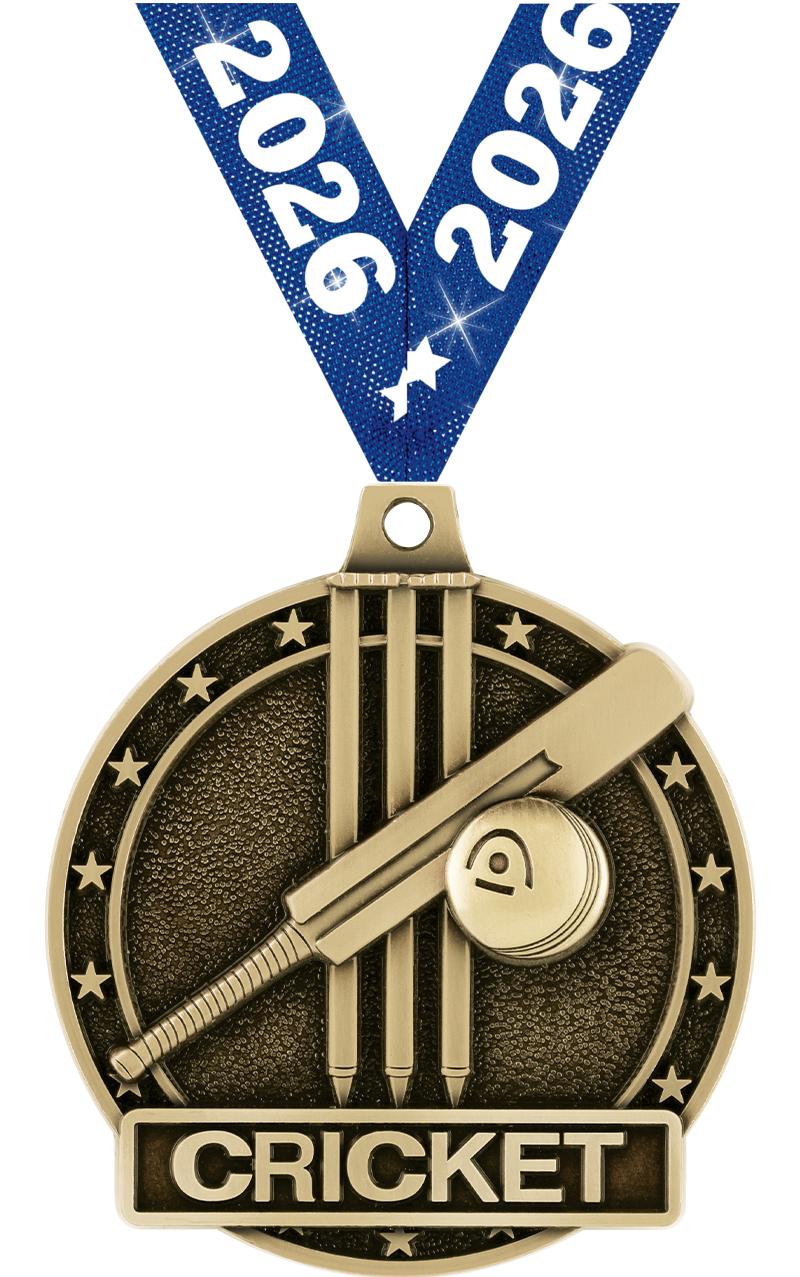 2" 3D CRICKET MEDAL-GOLD W/RIB
