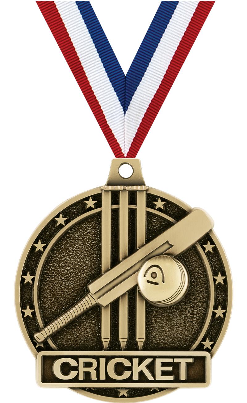 2" 3D CRICKET MEDAL-GOLD W/RIB