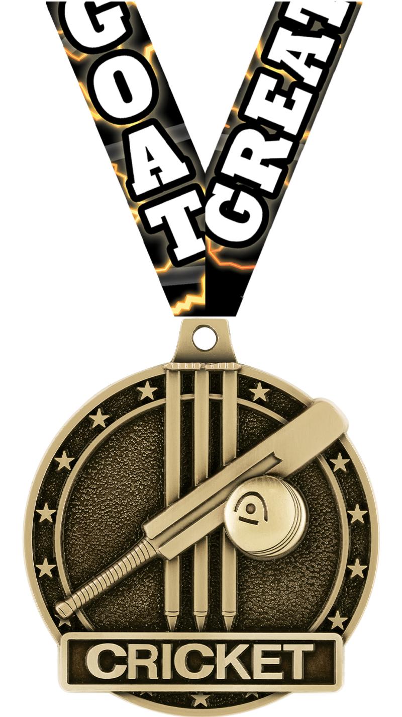2" 3D CRICKET MEDAL-GOLD W/RIB