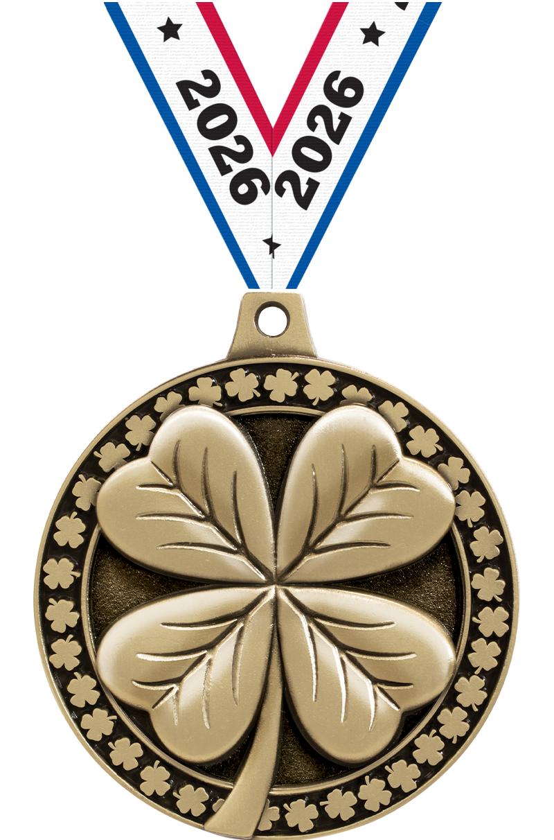 2" 3D 4 LEAF CLOVER MEDAL GLD