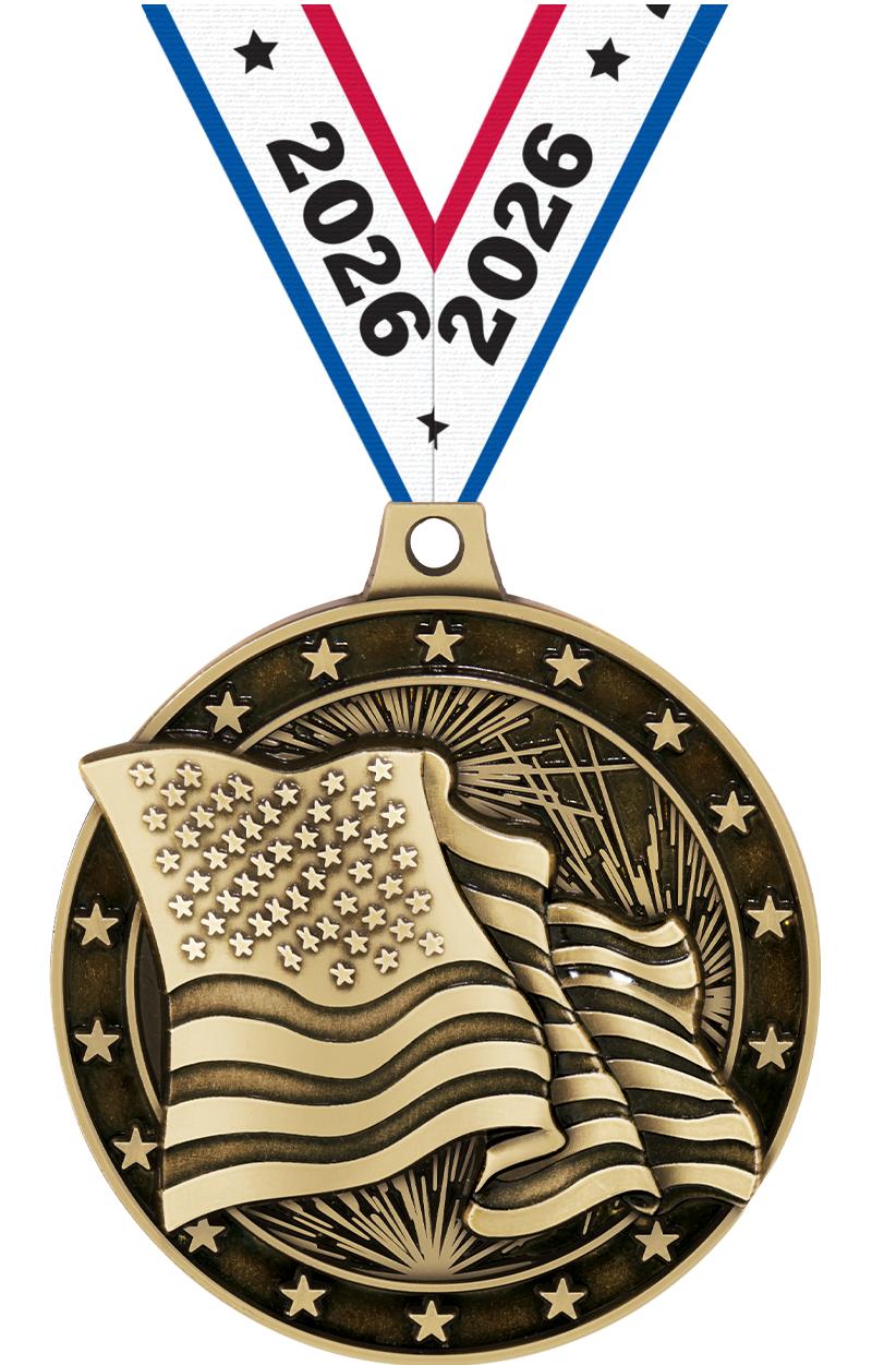 2"3D AMERICAN FLAG MEDAL GOLD