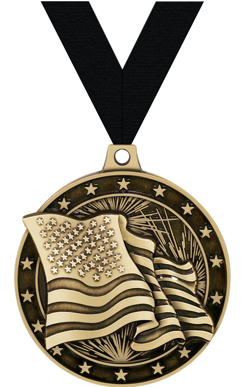 2"3D AMERICAN FLAG MEDAL GOLD