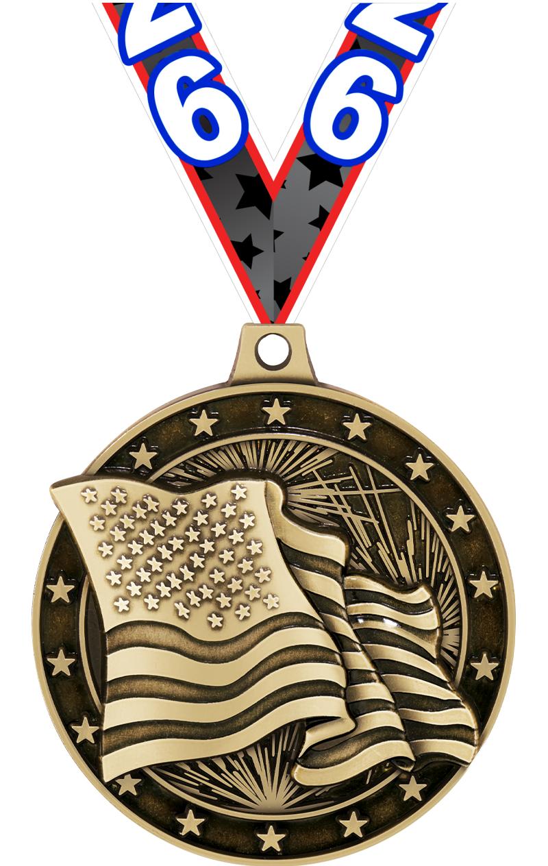 2"3D AMERICAN FLAG MEDAL GOLD