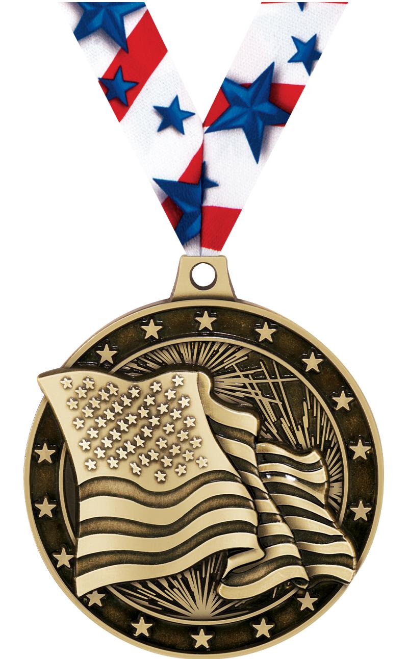 2"3D AMERICAN FLAG MEDAL GOLD