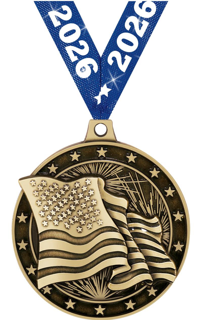 2"3D AMERICAN FLAG MEDAL GOLD