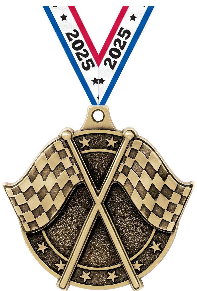 2" 3D CROSSED FLAGS MEDAL GOLD