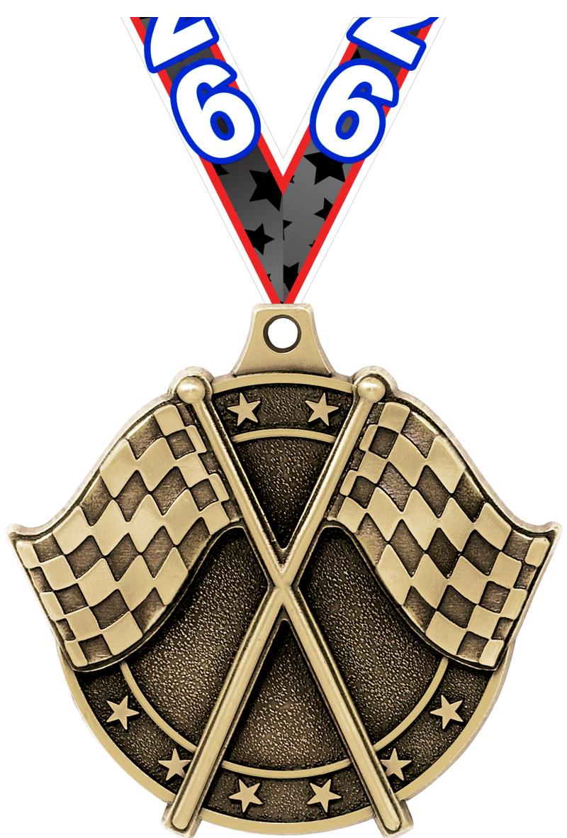 2" 3D CROSSED FLAGS MEDAL GOLD