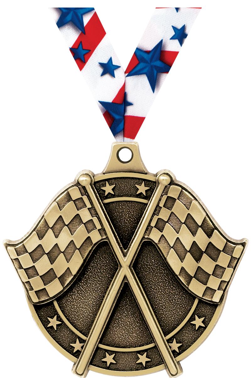 2" 3D CROSSED FLAGS MEDAL GOLD