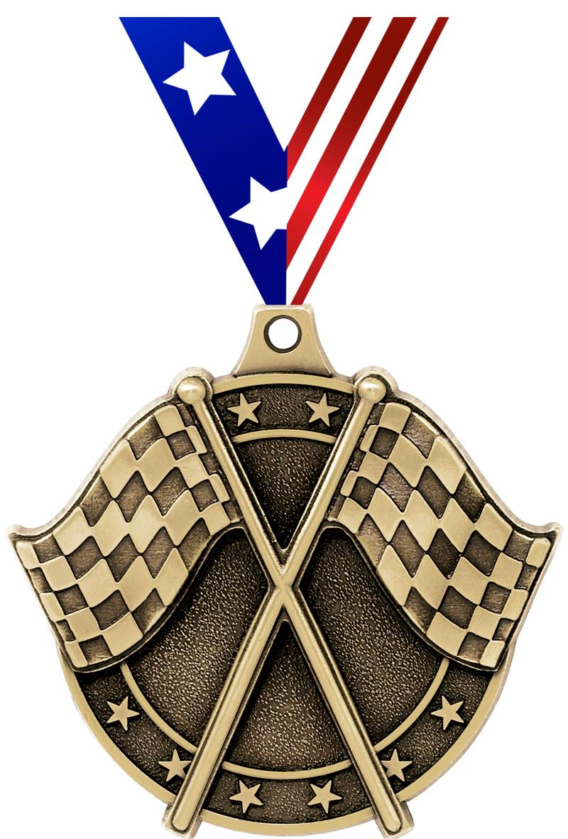 2" 3D CROSSED FLAGS MEDAL GOLD