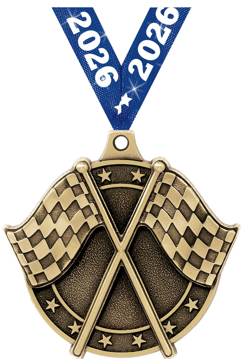 2" 3D CROSSED FLAGS MEDAL GOLD