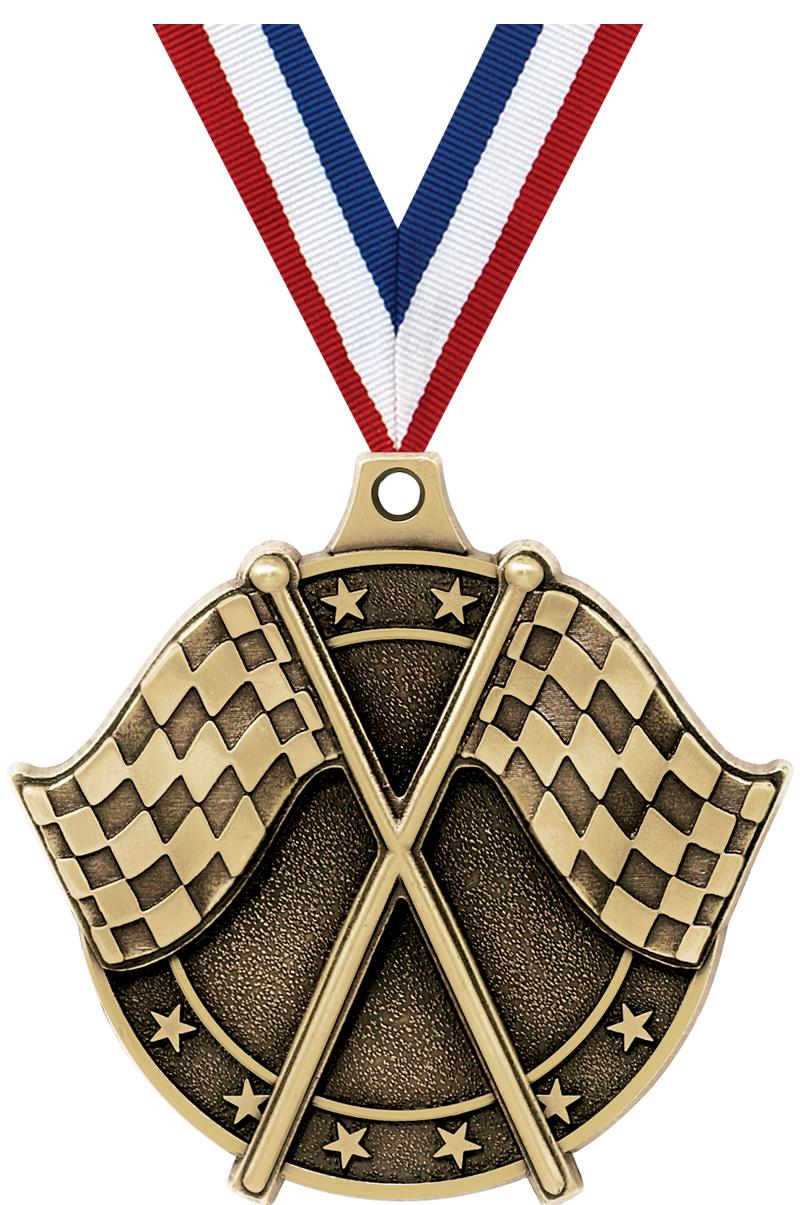 2" 3D CROSSED FLAGS MEDAL GOLD