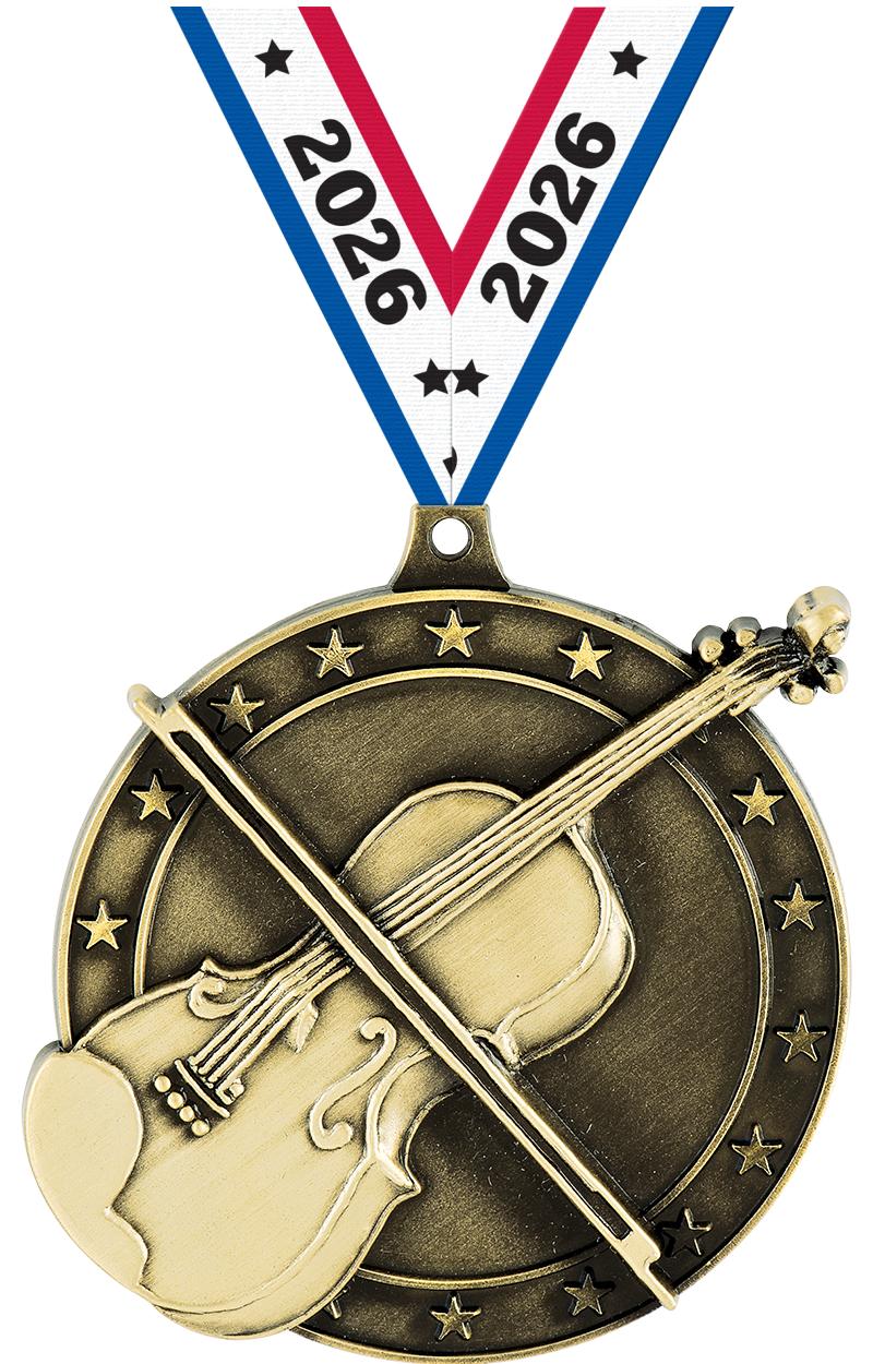 2" 3D VIOLIN MEDAL GD W/RIB