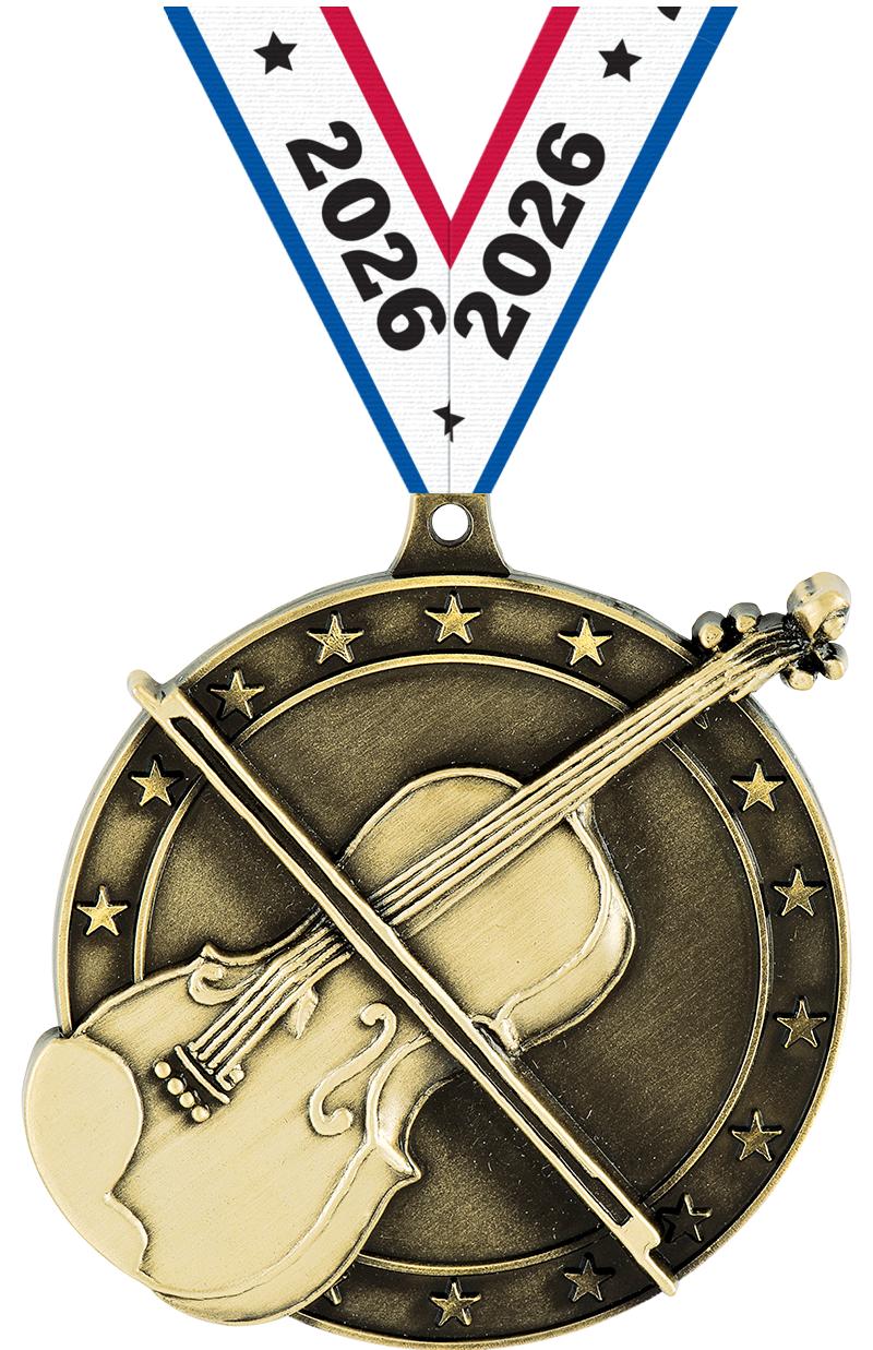 2" 3D VIOLIN MEDAL GD W/RIB