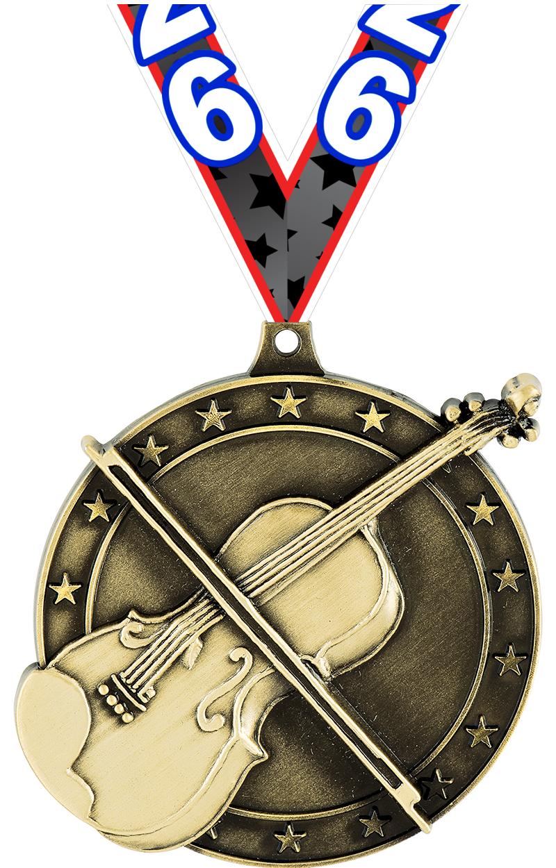 2" 3D VIOLIN MEDAL GD W/RIB