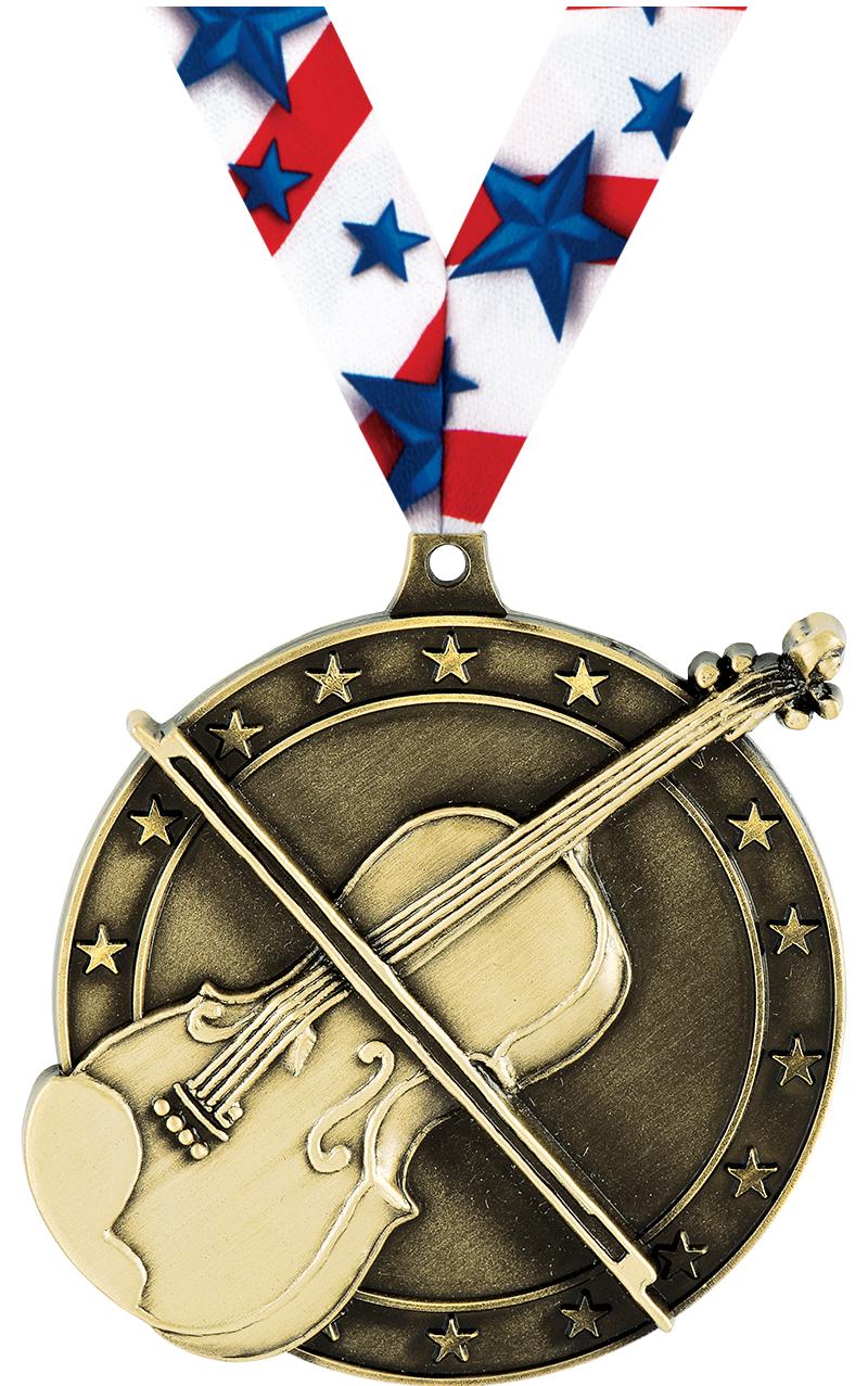 2" 3D VIOLIN MEDAL GD W/RIB