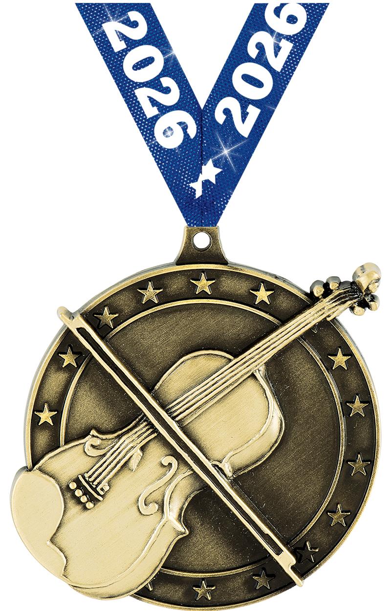 2" 3D VIOLIN MEDAL GD W/RIB