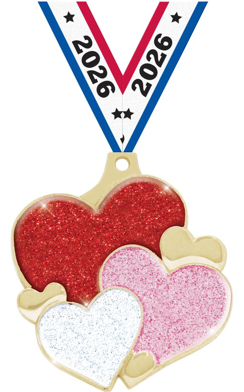 2" HEARTS GLITTER GOLD MEDAL