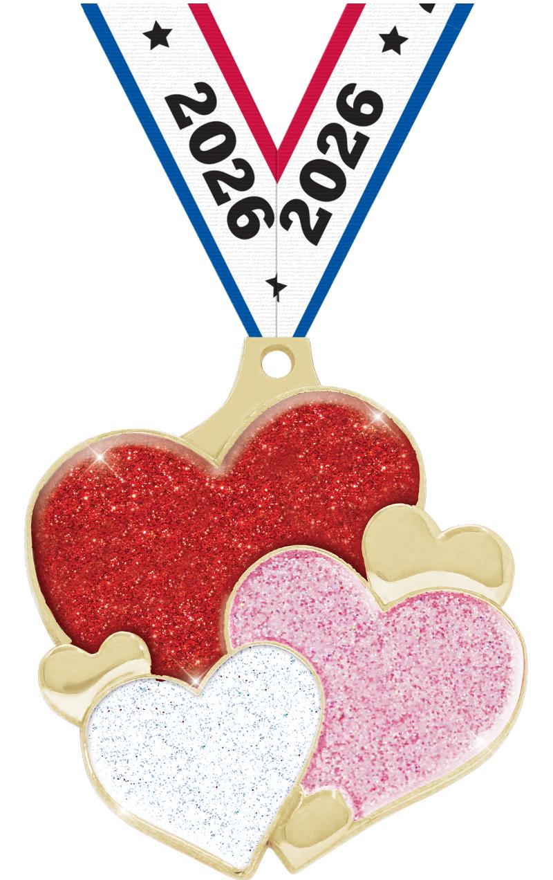 2" HEARTS GLITTER GOLD MEDAL