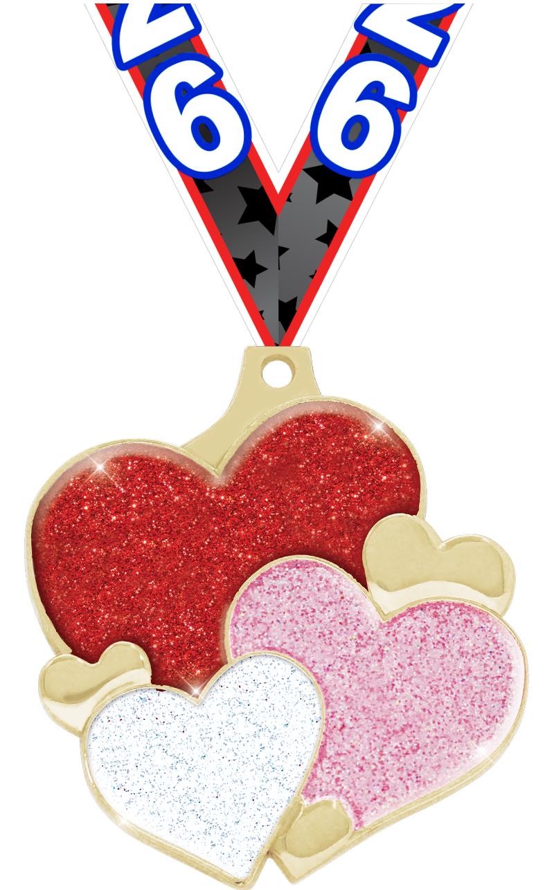 2" HEARTS GLITTER GOLD MEDAL