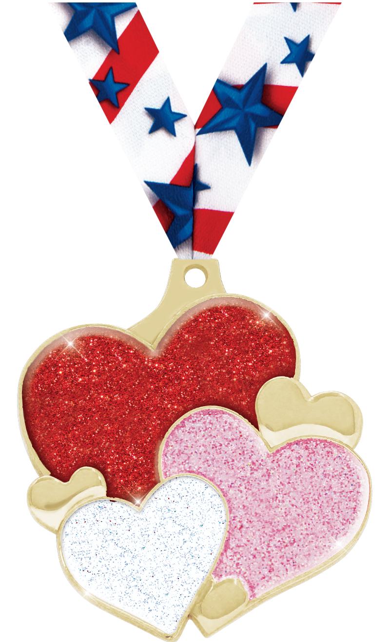 2" HEARTS GLITTER GOLD MEDAL