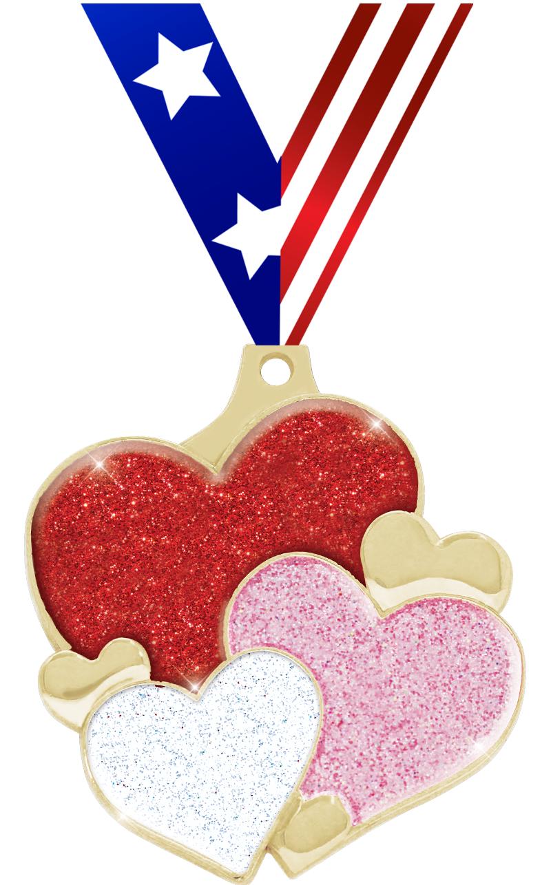 2" HEARTS GLITTER GOLD MEDAL